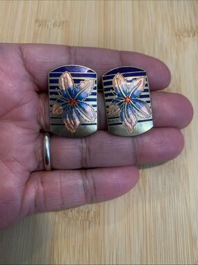 Vintage Cloisonne Floral Enamel Gold-Tone and Blue Earrings